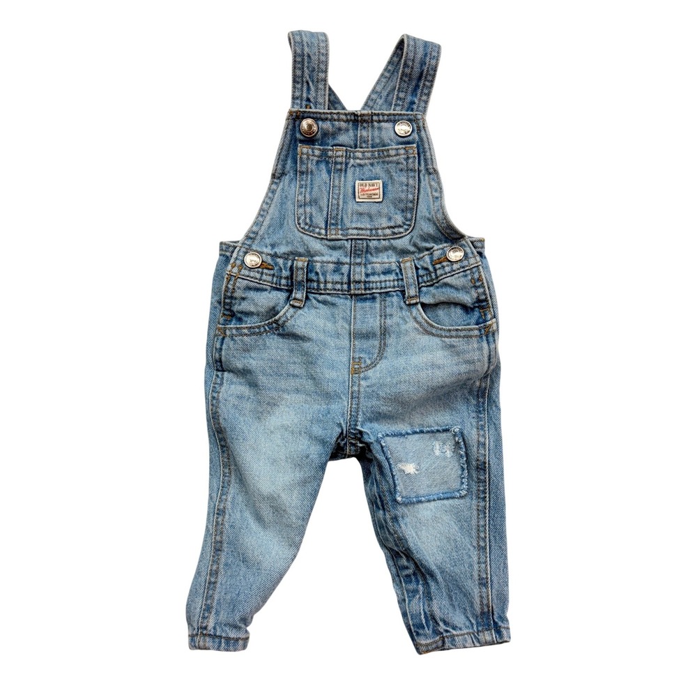 Old Navy Vintage Denim Overalls Baby 6-12M Light Wash Patch Detail Dungarees
